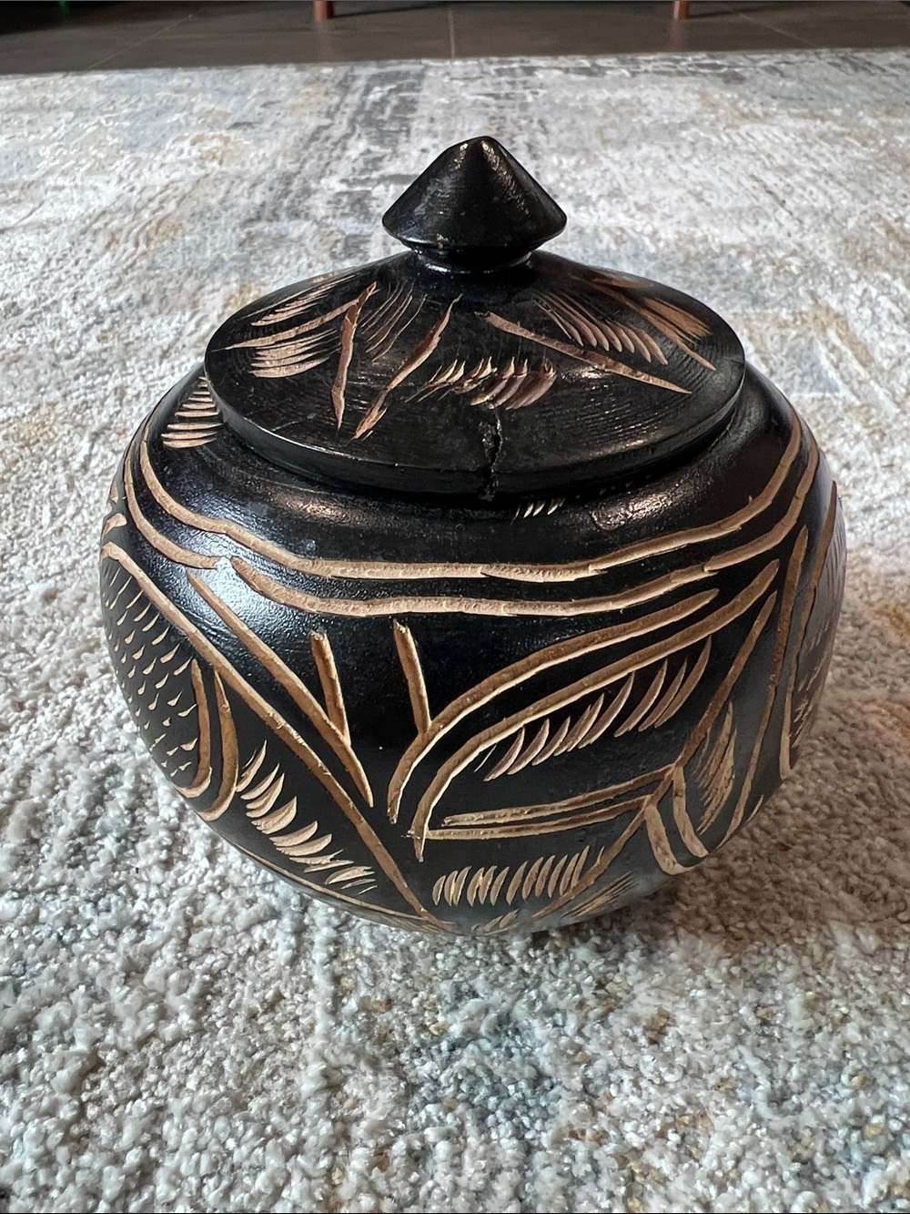 Handmade Carved Black Wooden Lidded Trinket Bowl